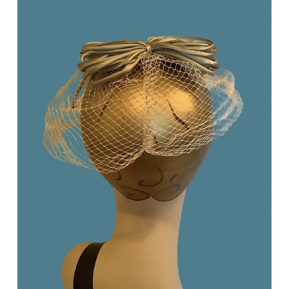 Vintage Hairpiece Green Netting Satin Bow Formal Party Wedding